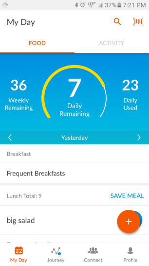 WW app daily food tracker